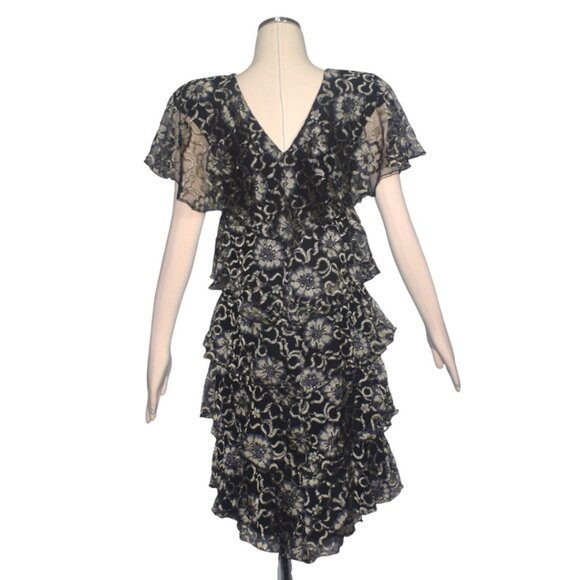 1980s Holly's Harp Ruffled Floral Dress Black Light Gold Tiered Party Dress S - Picture 6 of 7